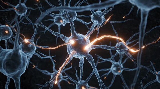 Glowing neurons in dark background, neural network connections