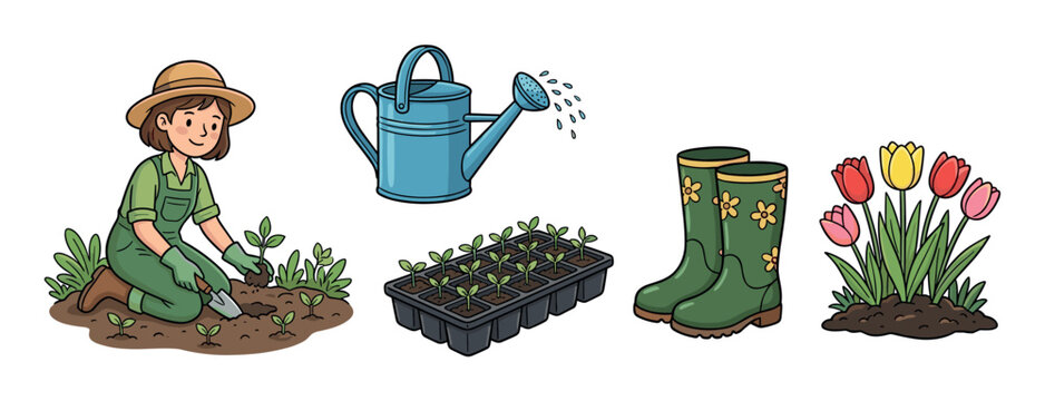 Set of cute cartoon gardening illustrations featuring a woman planting seedlings, a blue watering can, green rubber boots, a seedling tray, and colorful tulips