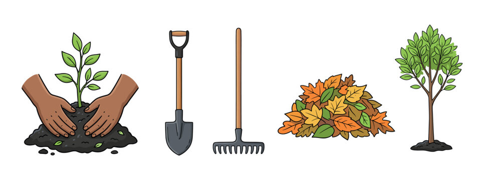 Set of cartoon gardening and yard work icons showing hands planting a seedling, a shovel, a rake, a pile of autumn leaves, and a young tree in a simple hand-drawn style