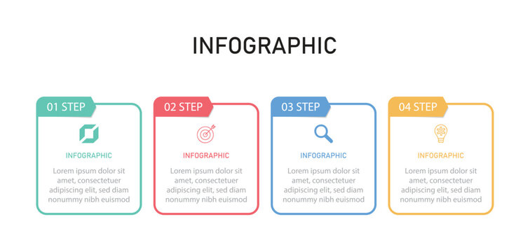 Business Infographic design template Vector with icons and 4 options or steps. Vector timeline infographic with four square connected elements. Design can be use for presentation.