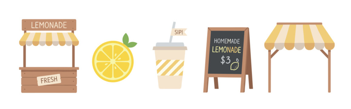 Lemonade stand elements collection features various illustrations for summer drinks, including a stall, a fresh lemon, a cup, and a chalkboard sign.