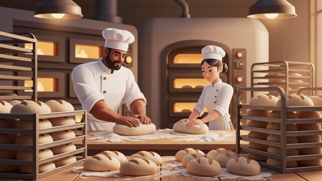 Animated bakery scene two bakers kneading dough preparing fresh bread loaves for baking cartoon style baking