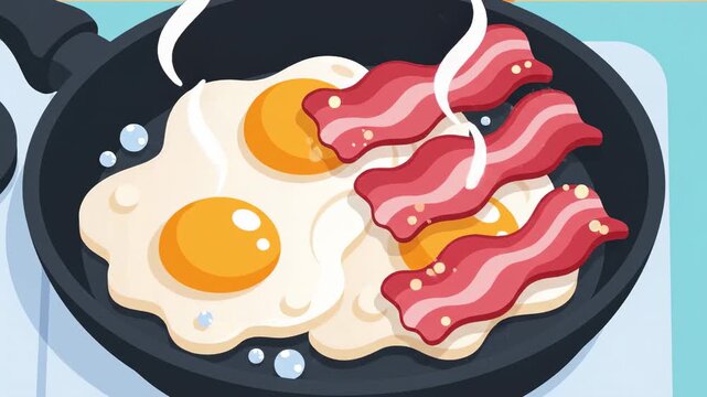 Animated breakfast scene with eggs and bacon in a frying pan cartoon style food preparation animated morning meal