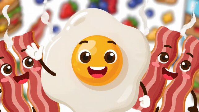 Animated breakfast friends happy egg and bacon cartoon style smiling characters food illustration kids content video