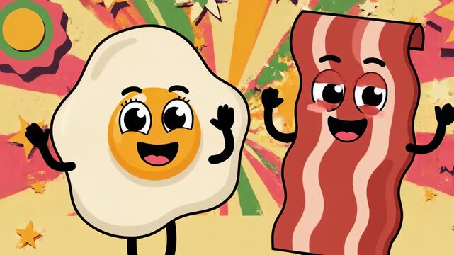 Animated cartoon of happy breakfast foods waving on cheerful fun background for children and educational videos