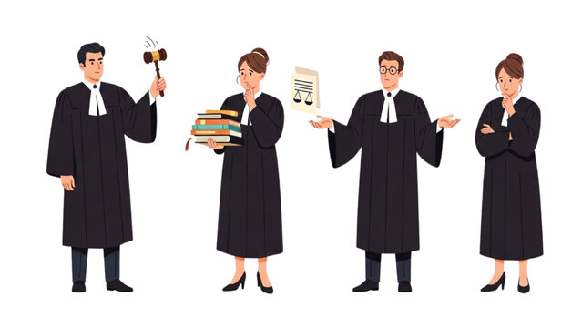 Judges in courtroom robes with gavel and books, flat character set