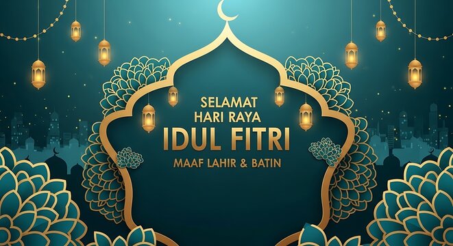 Golden Islamic Greeting Card with Lanterns and Floral Motifs for Celebrations