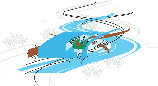 Abstract Blue Scribble Lines and Dynamic Brush Strokes Vector Illustration with Grass Elements Creative Artistic Background
