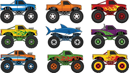 Colorful Monster Truck Collection Vector Illustration Featuring Off Road Big Wheel Trucks with Flame and Shark Designs © Sukhi