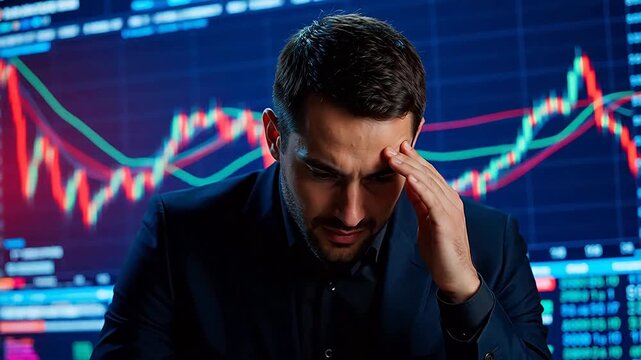 Man in suit with stock market charts