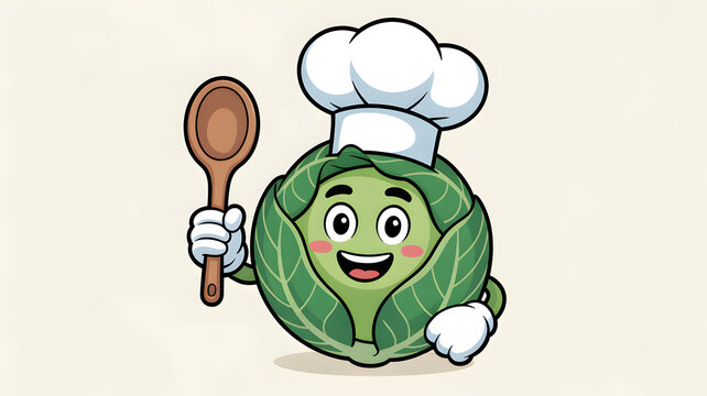 Cute Brussels Sprout Chef Cartoon Character with Chef's Hat Holding Wooden Spoon, Smiling Vegetable Mascot Illustration for Kids and Healthy