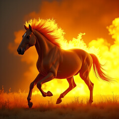 Horse on Fire with Flaming Mane Dramatic. Generative ai.