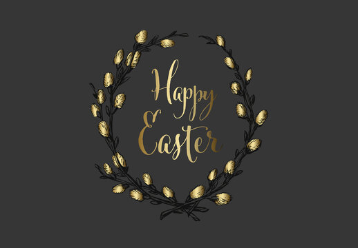 Elegant Happy Easter Gold Wreath with Pussy Willow Branches