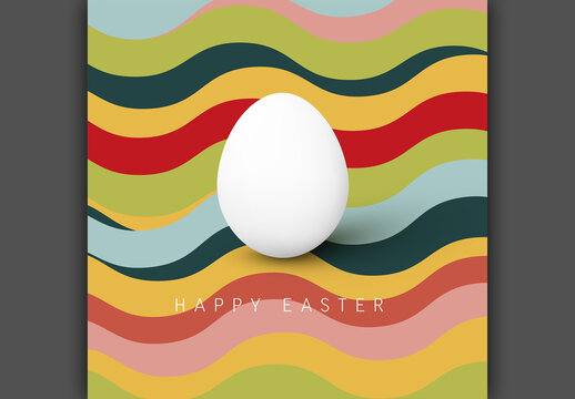 White Easter Egg on Colorful Wavy Background - Retro Happy Easter Card