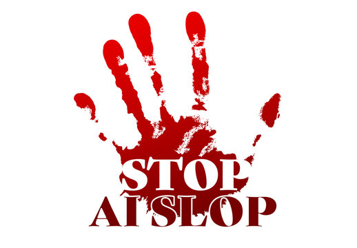 Stop AI Slop Protest Graphic with Red Bloody Handprint Concept