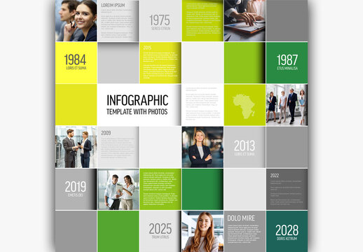 Modern Business Infographic Template with Photo Placeholders Grid and Timeline