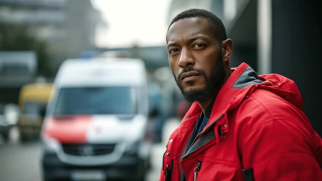 Faceless African American paramedic in bright red jacket standing on street, defocused ambulance van background, emergency services, with copy space