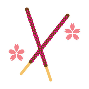Pink strawberry chocolate biscuit sticks crossed with pink cherry blossom flowers.