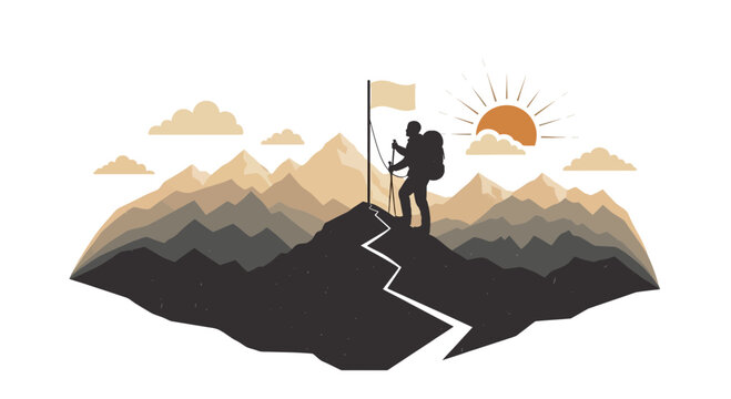 Hiker reaching summit with flag under sunlight illustration