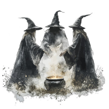 Watercolor trio of witches in black robes brewing a potion in a cauldron