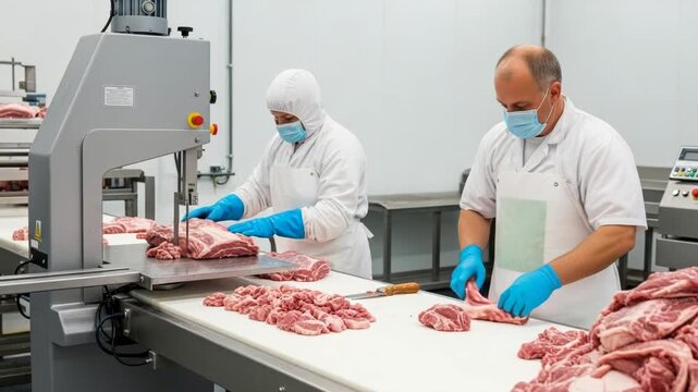 Meat processing workers cutting raw pork with industrial band saw in a clean facility
