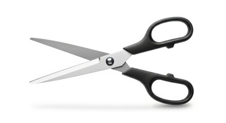 Fototapeta premium Professional grade scissors with black rubber handles and sharp stainless steel blades on a white background