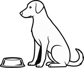 Obraz premium A black and white line drawing of a dog sitting patiently beside an empty food bowl