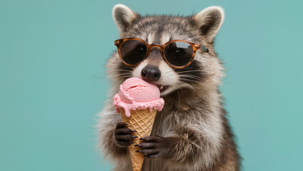 Funny raccoon wearing stylish sunglasses eating pink ice cream cone on pastel background, humorous summer dessert concept