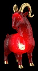 Obraz premium Red translucent chinese goat figurine with golden horns, hooves on dark background. Intricate chinese goat statue symbolizes good fortune, rich heritage. Perfect chinese goat for traditional decor,