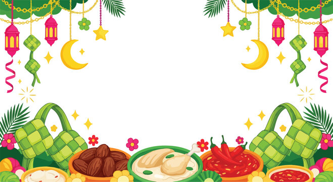 Traditional indonesian eid food frame with ketupat and ramadan ornaments.