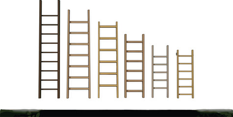 Set of wooden ladders in different heights and shades of brown wood isolated on a white background for construction. © Sukhi