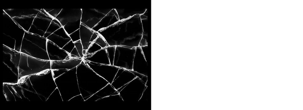 Realistic high-quality shattered glass overlay with extensive fractures on black. Perfect for simulating screen breakage.