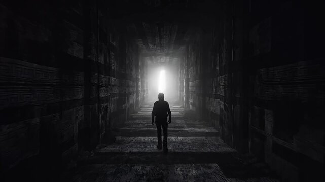 A lone figure standing in a dark corridor with a bright light at the end.