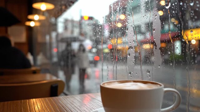 Close up Latte Cup on a Wooden Table by a Rainy Cafe Window 4K