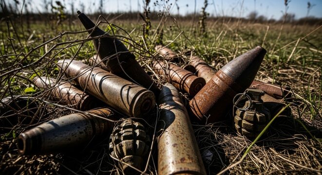 Cluster of Unexploded Ordnance in Grassy Field