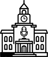 Obraz premium A black and white linear illustration of a building with a clock and microphone