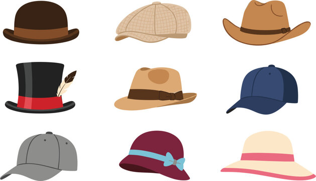 Flat vector illustration set of various men and women fashion hats including cowboy hat, top hat, baseball cap, fedora, and sun hat isolated on white.