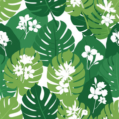 Fototapeta premium Tropical Monstera Leaves and White Flowers Seamless Pattern