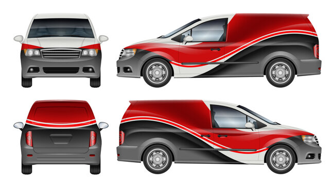 Delivery minivan wrap vector mockup shown from side, front, rear view. Perfect for corporate identity, vehicle branding and design concepts. All elements in the groups are in separate layers