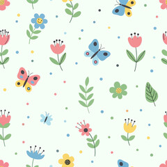 Cute Spring Floral Pattern with Butterflies and Dots