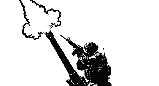 Soldier firing mortar with smoke explosion, military action, combat scene