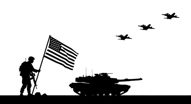 Soldier Holding American Flag Beside Tank with Fighter Jets Flying Overhead Silhouette