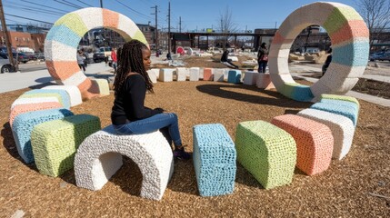 Fototapeta premium Woman Enjoy Modern Art Installation in Park on Sunny Day - Commercial Use