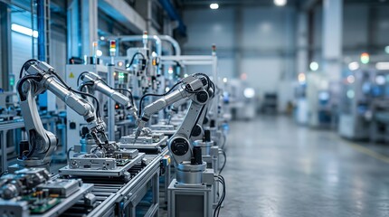 Fototapeta premium Robotic arms assembling electronic components on automated production line of modern industrial automation