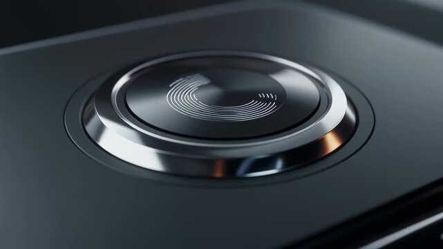Circular metallic fingerprint sensor with engraved biometric pattern on dark surface, futuristic digital authentication interface element, technology animation.