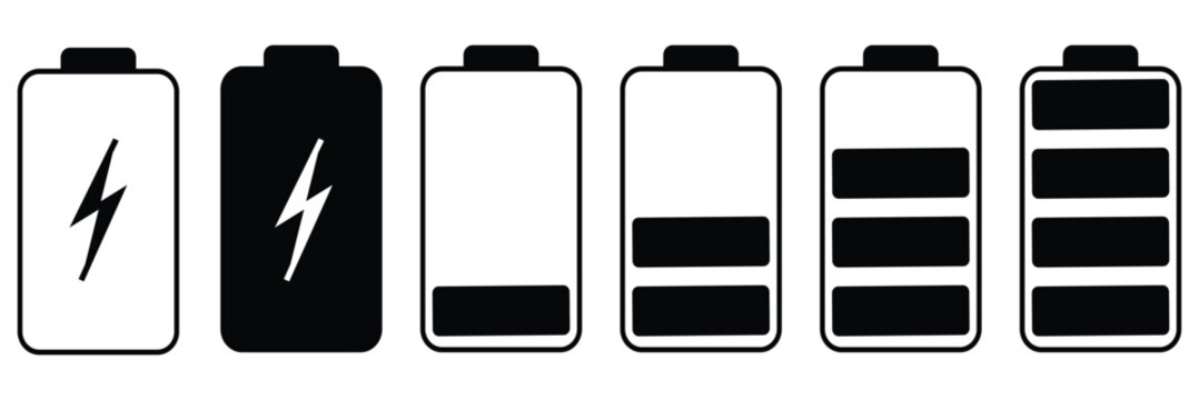 Battery level indicators line icon set. Power and Charging Status Symbols. Battery charge level indicators showing full to empty states. Vector illustration eps 10 .