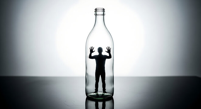 Man trapped inside a glass bottle with hands raised in frustration