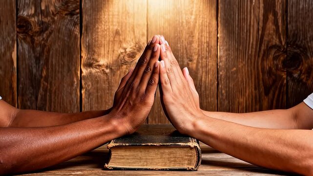 Two hands in prayer on a book