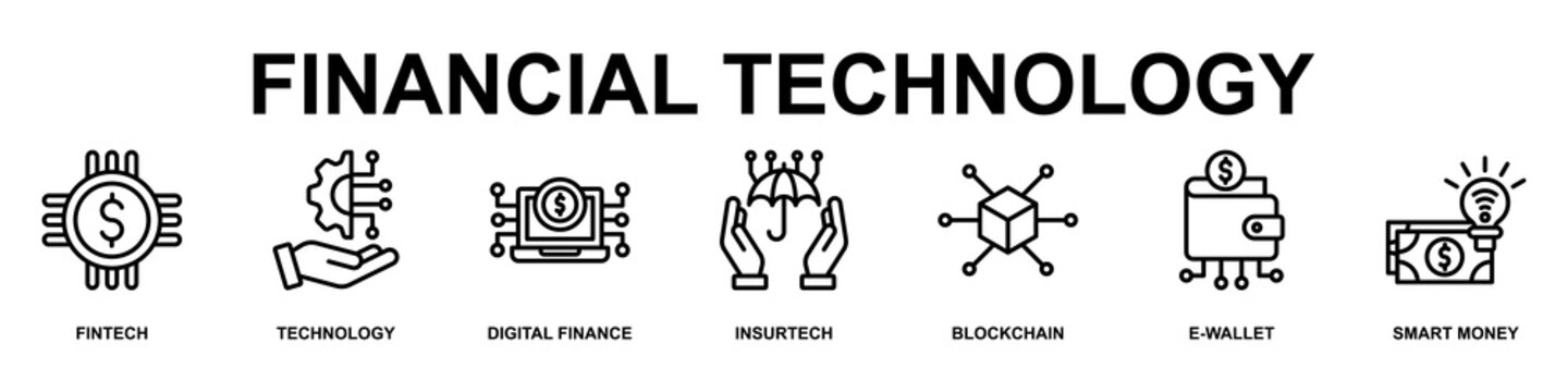 Financial Technology Banner Web Icon Vector Illustration Concept for Technology with Icons of Fintech, Technology, Digital Finance, Insurtech, Blockchain, E-wallet and Smart Money