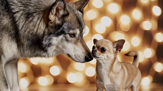Wolf and Chihuahua Interaction Scene.